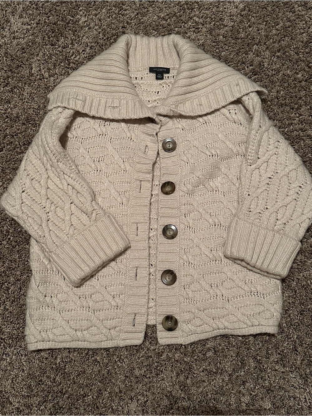 Ann Taylor Cream Cable Knit Button-Up Cardigan